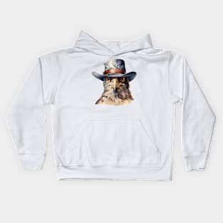 Funny pigeon wearing a cowboy hat, watercolor Kids Hoodie